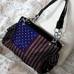 American Flag Red White Blue Rhinestone Bling Black Hobo Patriotic Handbag Bag